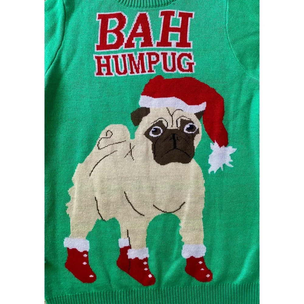 Knit Knack Bah Hum Pug Crew Neck Christmas Sweater - Picture 5 of 6